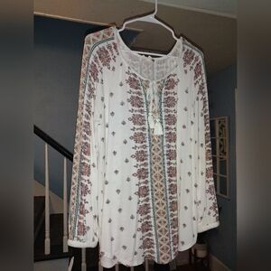 Hope Springs Bohemian White and Brown Patterned Women's Top Size Small